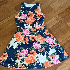 Donna Morgan Navy Fit-and-Flare Dress with Orange & Pink Floral Print